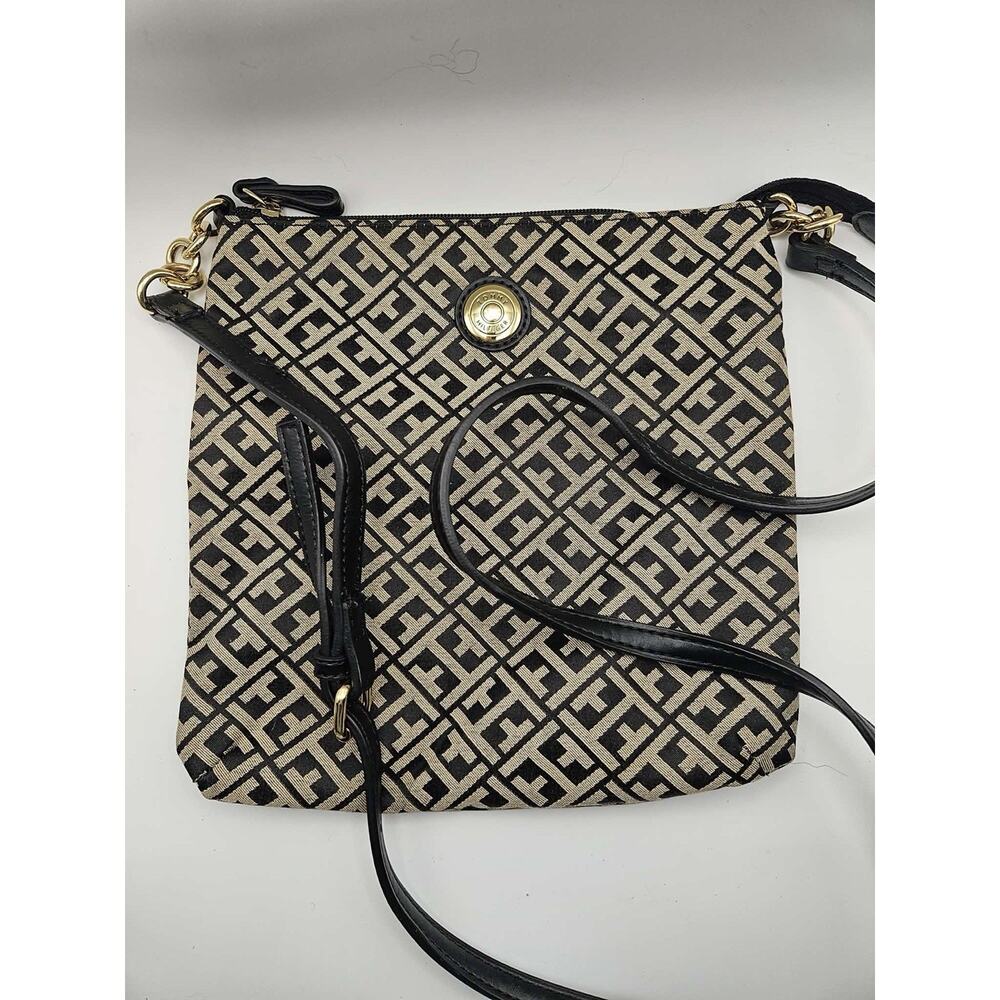 Tommy Hilfiger Logo Crossbody Bag Black Tan Monogram Adjustable Strap Gold HW